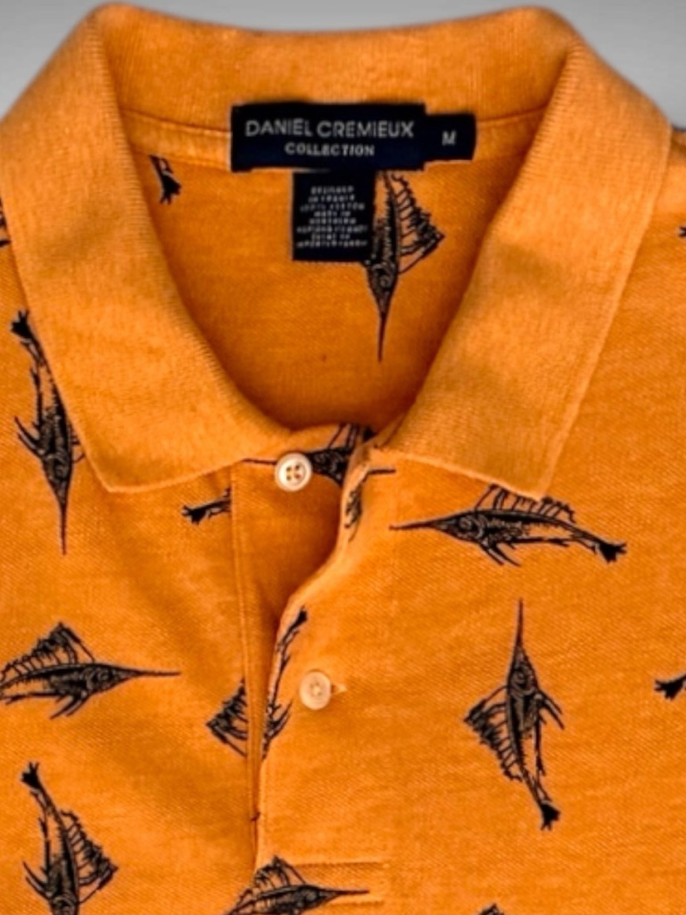 Daniel Cremieux Polo Shirt Mens Medium Orange Marlin Fish Print Casual Resort